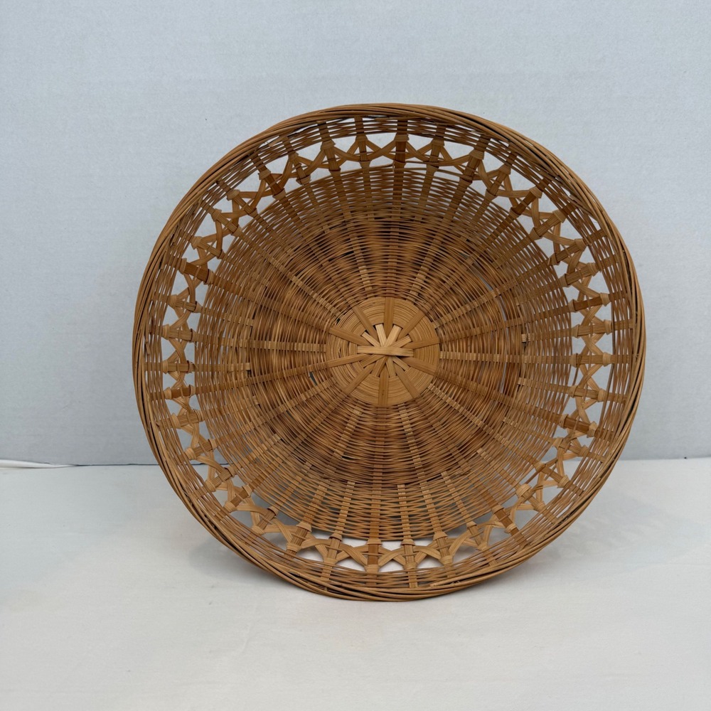 Vintage Woven Bamboo Round Basket Boho Lattice Fruit Bread Bowl 11.5 Inch